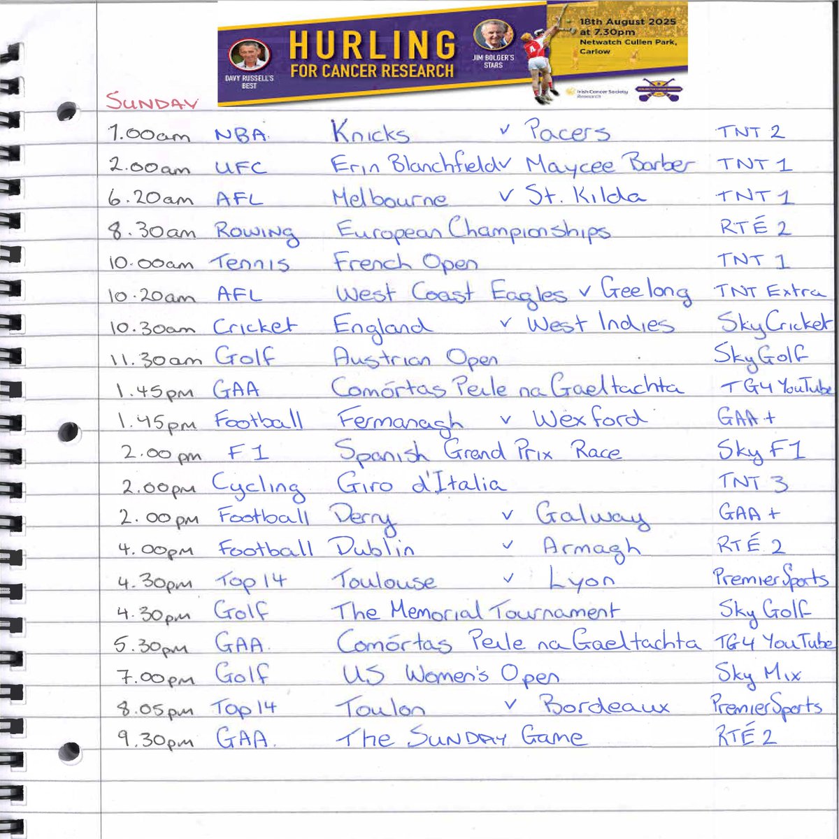 Happy Friday, folks! The bank holiday weekend is here, bringing a jam-packed weekend of sport.  
This week, we're raising awareness for "Hurling for Cancer Research" <a href="/Hurling4cancer/">HurlingForCancer 🎗</a>.  
Have a fantastic weekend! 😎