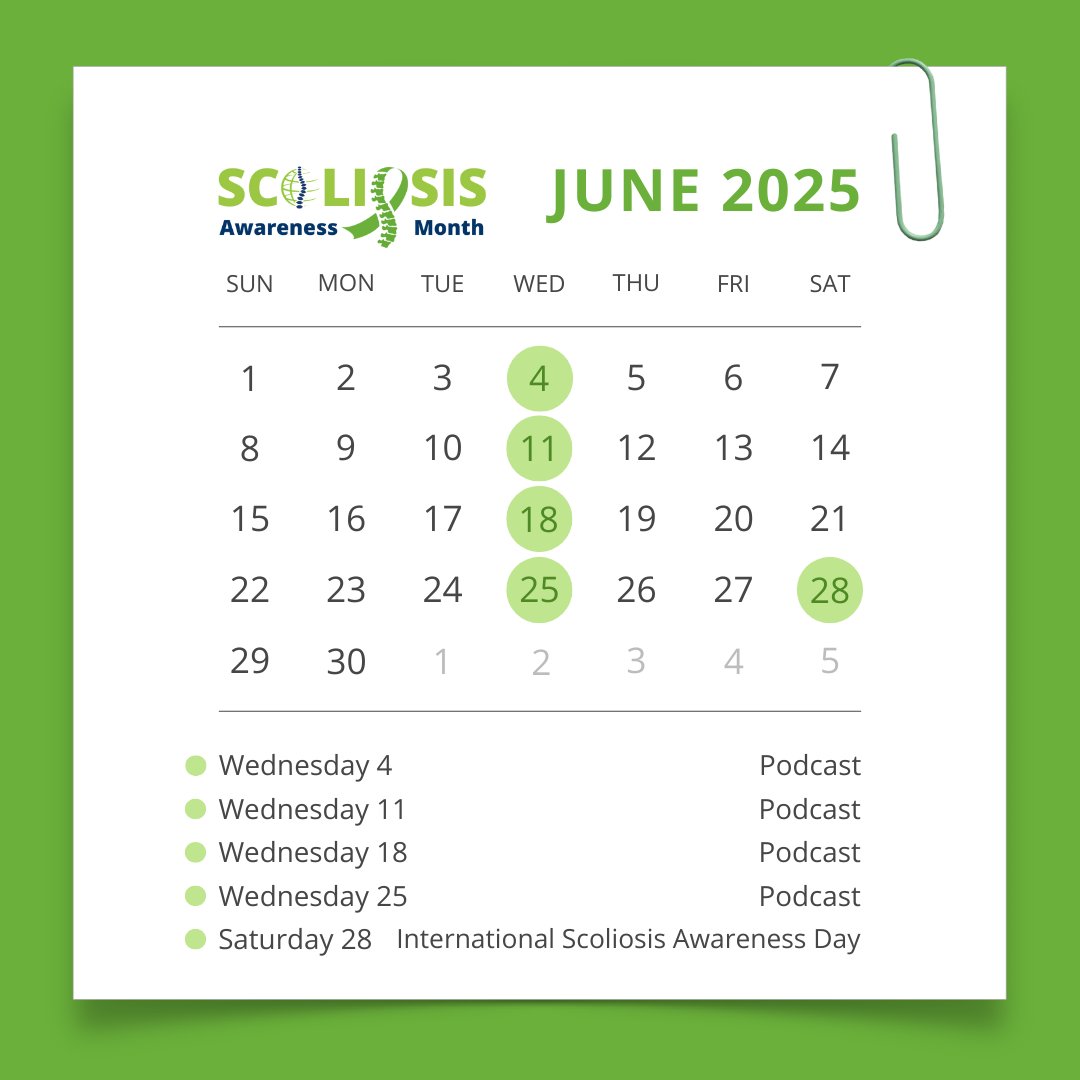 SRS_org's tweet image. Sunday is the first day of #ScoliosisAwarenessMonth! Here are a few key dates we have coming up. Follow along as we share patient stories, tips, research and more this June! #Scoliosis #SpineTalk #SAM25 #SRS