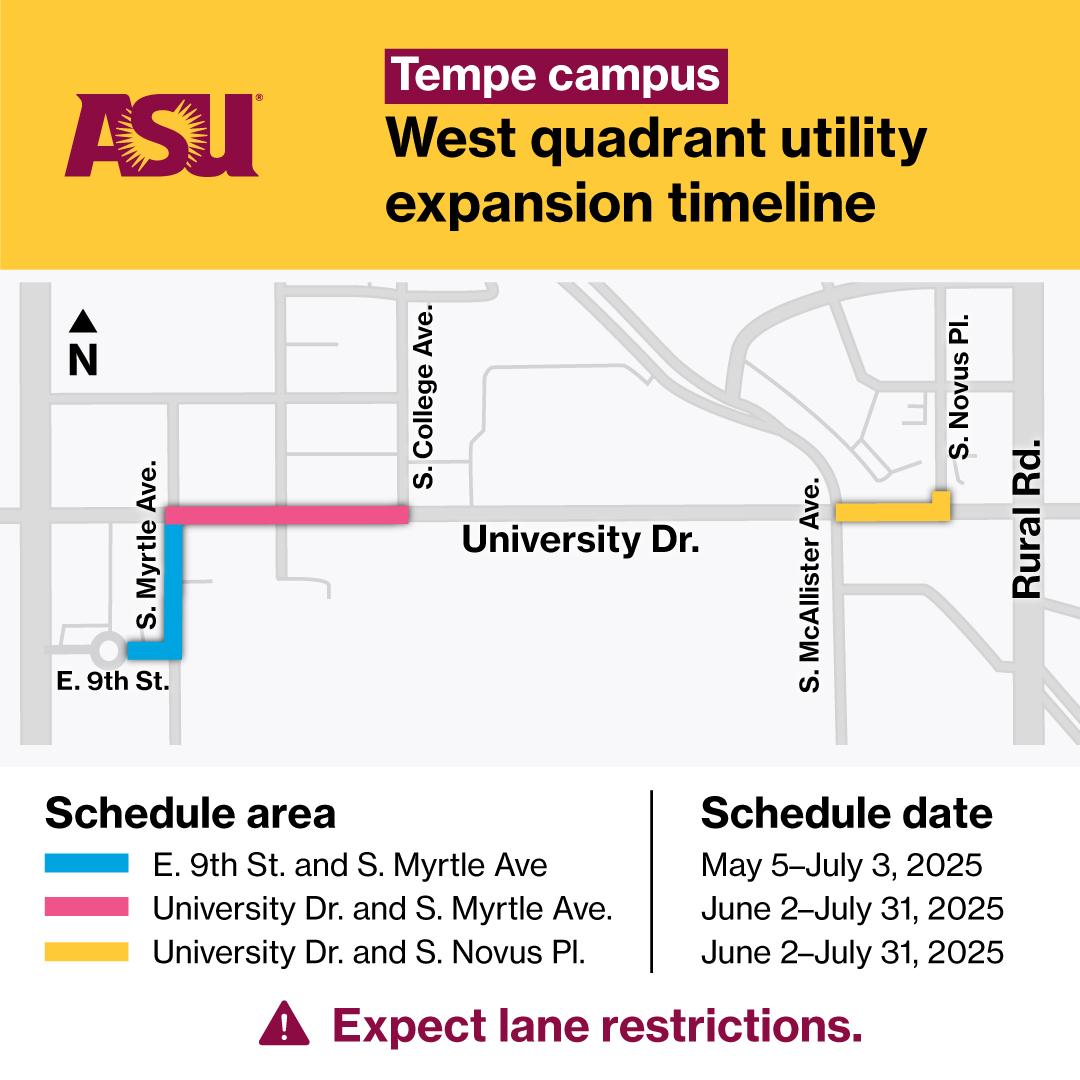 ASU Facilities (@asufacilities) on Twitter photo 🚧 Summer Construction Update 🚧 Lane restrictions from roadwork on University Drive resume June 2 and will be in place until July 31 on the #Tempe campus <a href="/ASU/">Arizona State University</a>. Details: bit.ly/42AGmS6
<a href="/Tempegov/">City of Tempe, AZ</a> <a href="/GoASUFam/">ASU Family</a> <a href="/ASUStaffCouncil/">ASU Staff Council</a> <a href="/ASUStudentLife/">ASU Student Life</a> <a href="/asuevpcfo/">ASU Business-Finance</a> <a href="/ASUtransit/">Parking and Transportation</a> <a href="/ASUPolice/">Arizona State University Police Department</a> 🚧 Summer Construction Update 🚧 Lane restrictions from roadwork on University Drive resume June 2 and will be in place until July 31 on the #Tempe campus <a href="/ASU/">Arizona State University</a>. Details: bit.ly/42AGmS6
<a href="/Tempegov/">City of Tempe, AZ</a> <a href="/GoASUFam/">ASU Family</a> <a href="/ASUStaffCouncil/">ASU Staff Council</a> <a href="/ASUStudentLife/">ASU Student Life</a> <a href="/asuevpcfo/">ASU Business-Finance</a> <a href="/ASUtransit/">Parking and Transportation</a> <a href="/ASUPolice/">Arizona State University Police Department</a>