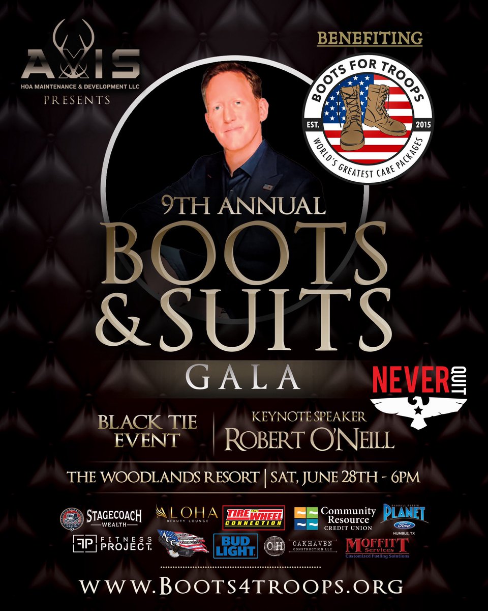 Boots For Troops (@boots4troops) on Twitter photo HOUSTON, TX- Come join us at The Woodlands Resort with keynote speaker <a href="/mchooyah/">Robert J. O'Neill</a>. Your support helps us send the world’s greatest care packages all over the world, and assist military families through our additional support programs.
Suiteseatstx.com for tickets. HOUSTON, TX- Come join us at The Woodlands Resort with keynote speaker <a href="/mchooyah/">Robert J. O'Neill</a>. Your support helps us send the world’s greatest care packages all over the world, and assist military families through our additional support programs.
Suiteseatstx.com for tickets.
