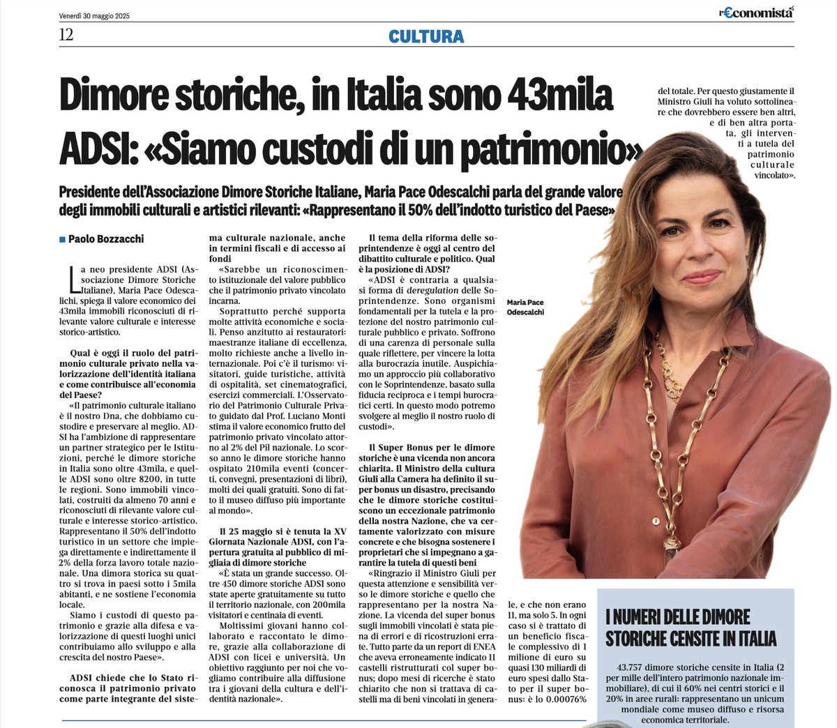 📍 La neo Presidente #ADSI lancia un appello:
"Siamo custodi di un patrimonio, non possiamo permetterci di perderlo"

📰 Oggi su #LEconomista, l'inserto economico de <a href="/ilriformista/">Il Riformista</a>, la Presidente Maria Pace Odescalchi spiega il ruolo strategico del patrimonio culturale privato.