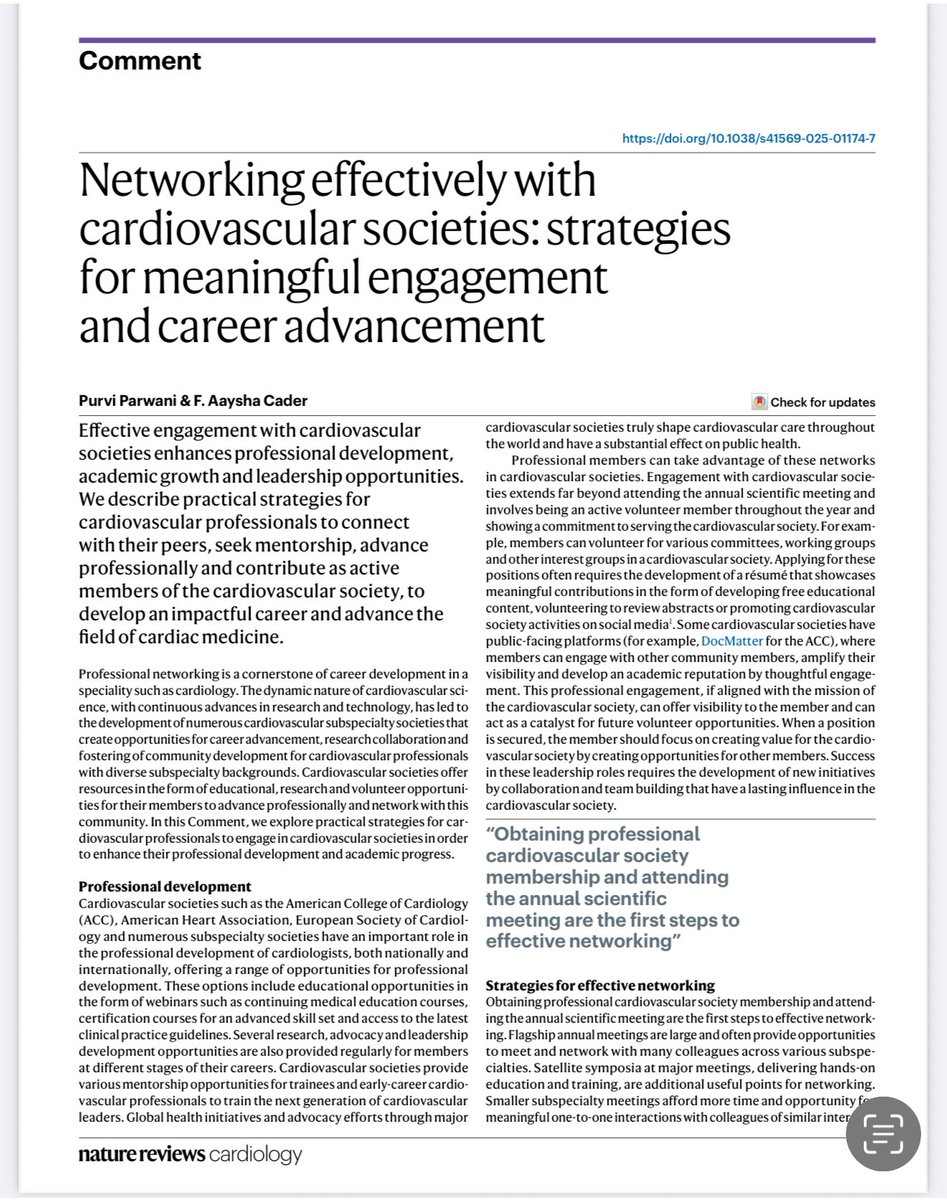 Dr. Purvi Parwani (@purviparwani) on Twitter photo 🚀 Early in your career and want to build meaningful partnerships with societies?
Our commentary in <a href="/NatRevCardiol/">Nature Reviews Cardiology</a> offers practical tips for early-career professionals:
Check it out.
<a href="/aayshacader/">Aaysha Cader</a>
📖 nature.com/articles/s4156…
#MedTwitter #AcademicLife #Cardiology #CardioX 🚀 Early in your career and want to build meaningful partnerships with societies?
Our commentary in <a href="/NatRevCardiol/">Nature Reviews Cardiology</a> offers practical tips for early-career professionals:
Check it out.
<a href="/aayshacader/">Aaysha Cader</a>
📖 nature.com/articles/s4156…
#MedTwitter #AcademicLife #Cardiology #CardioX