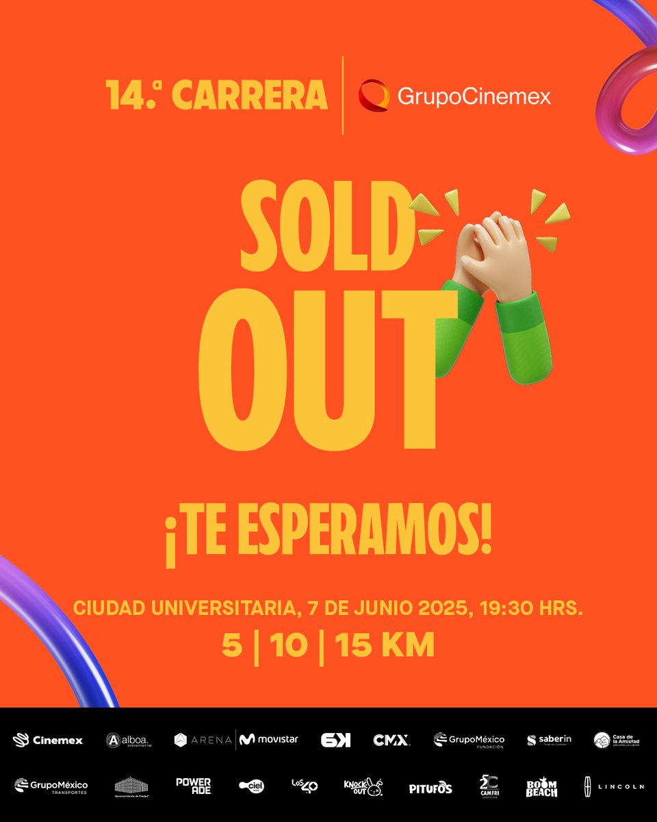 ¡Otro año con Sold Out! 🤩 Nos vemos este 7 de junio a las 7:30pm en la 14° #CarreraGrupoCinemex, la noche más divertida del año. Mantente al pendiente de nuestras redes sociales para info sobre la entrega de kits, horarios y mucho más.