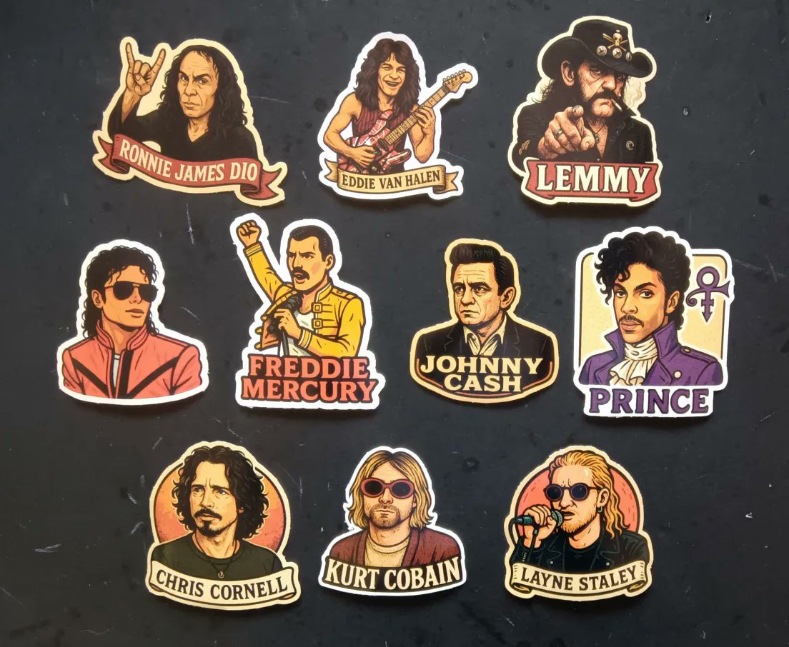 Dead Rockstars - Ill be adding more to the set soon. #Stickers #vinylstickers #ronniejamesdio #prince #freddiemercury #michaeljackson #johnnycash #chriscornell #kurtcbain #laynestaley #eddievanhalen
