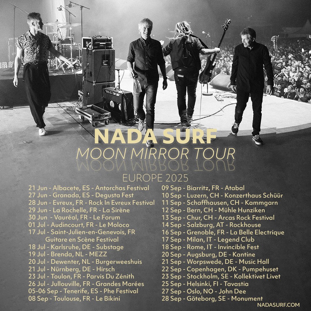 nadasurf's tweet image. The Moon Mirror Tour continues in Europe with new dates from June through September. Don’t miss your chance to experience it live! nadasurf.com/tour-dates/