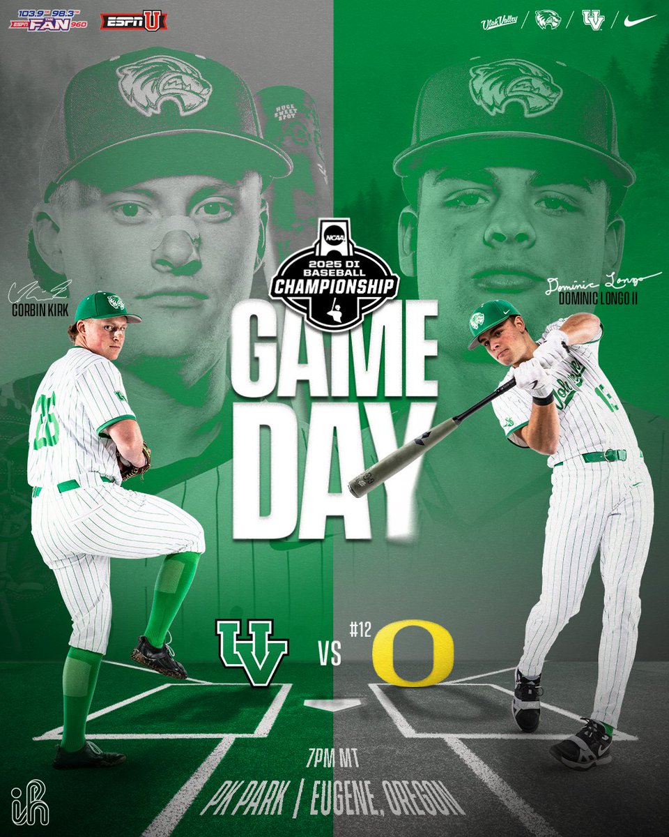 Gameday in Eugene ⚾️

🆚 #12 Oregon 
📺 ESPNU
📻 103.9 &amp; 98.3 ESPN The Fan 
📊 UVUstats.com 

#GoUVU | #ValleyForged | #RoadToOmaha