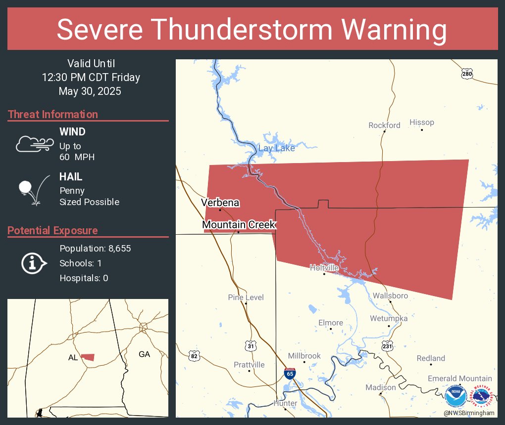 Severe Thunderstorm Warning including Verbena AL and  Mountain Creek AL until 12:30 PM CDT