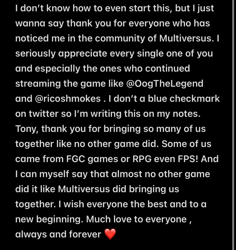 I don’t usually write stuff like this but thank you <a href="/Tony_Huynh/">Tony Huynh</a> and #ThankYouMultiversus 🙏