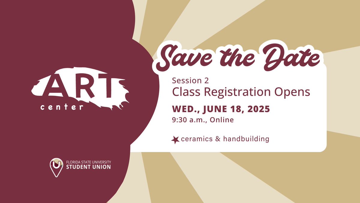 Save the Date! Art Center’s session 2 summer class registration opens online Wed., June 18 at 9:30 a.m. Classes run for 6-weeks from June 23 to August 2.  Beginning Wheel, Ceramics 2 &amp; Handbuilding Available
union.fsu.edu/art-center/cla…
