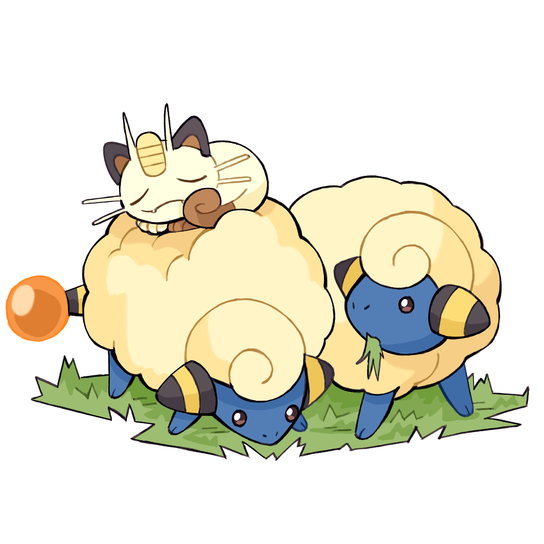 Meowth taking a nap in mareep's wool. [pokemon]