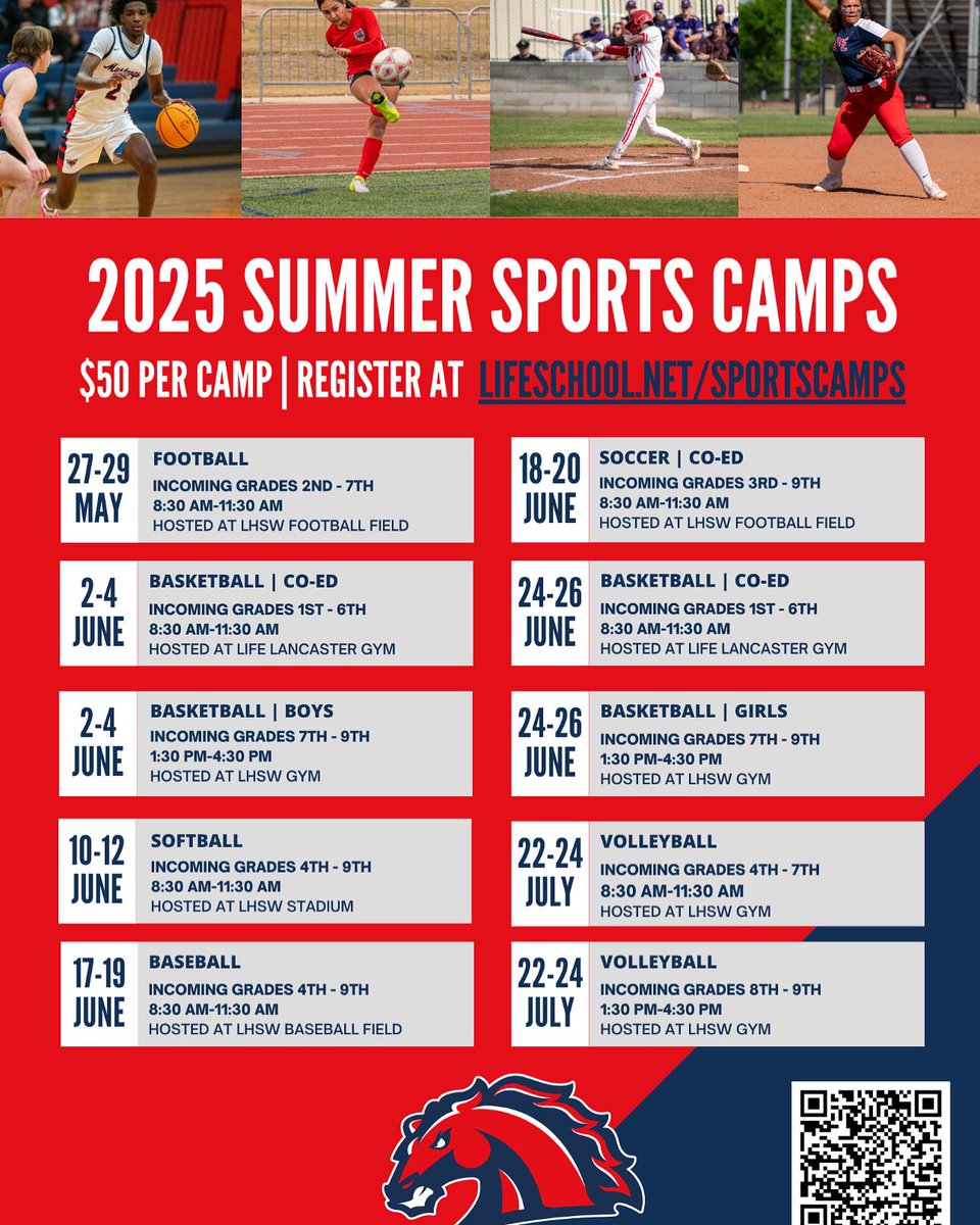 Join us this summer for our Basketball Skills camp for incoming 1st-9th graders. Camp will be June 2-4, hope to see you all there. Please use the QR code to register!