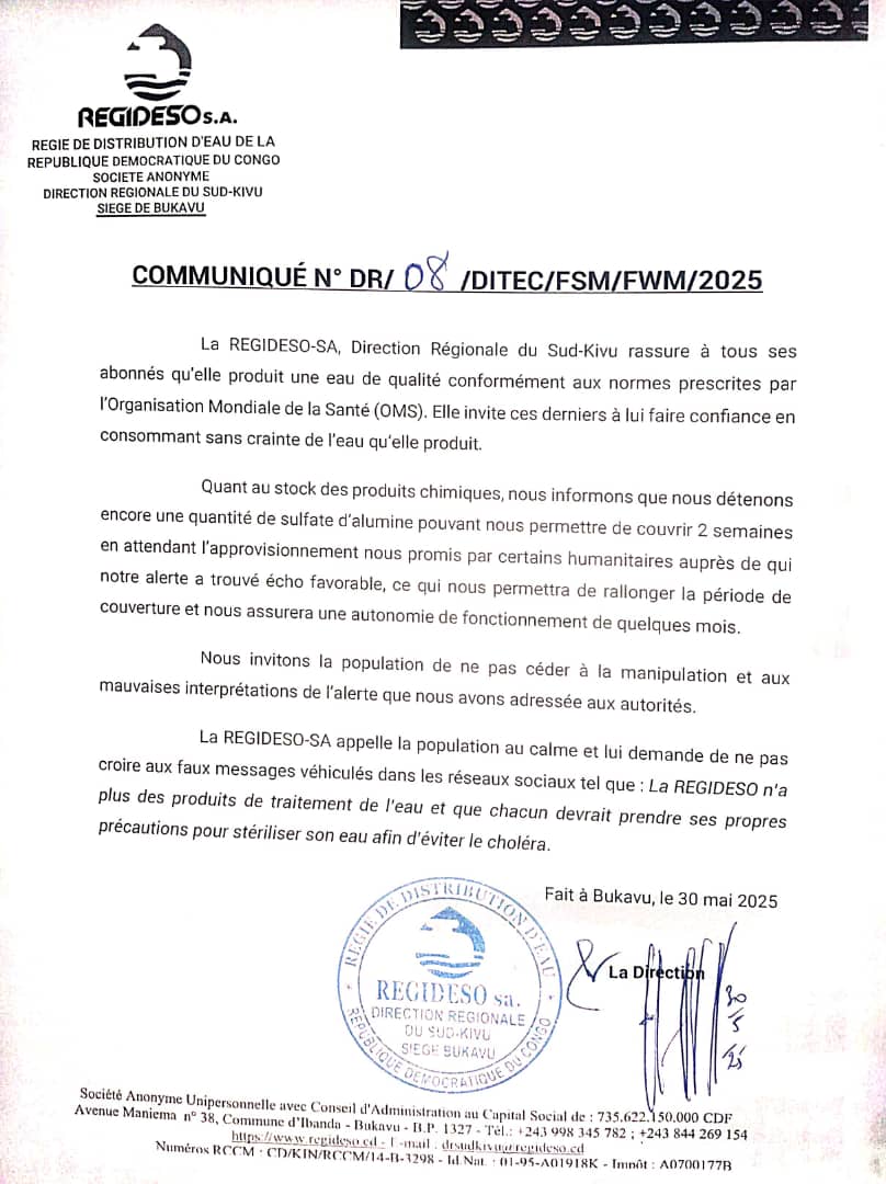 La REGIDESO assure la qualité de l'eau potable à ses abonnés
La REGIDESO  communique à ses abonnés qu'elle garantit la production d'eau potable de bonne qualité. Cette assurance vise à rassurer les consommateurs quant à la salubrité et la potabilité de l'eau distribuée.