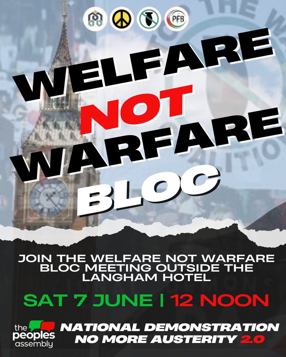 Stop the War (@stwuk) on Twitter photo We have just one week to build the 7 June <a href="/pplsassembly/">People's Assembly</a> demo
Make our #WelfareNotWarfare bloc as big as possible.
Bring your local StW banner, hold a leafleting session or a street stall, and get to London on Saturday! We have just one week to build the 7 June <a href="/pplsassembly/">People's Assembly</a> demo
Make our #WelfareNotWarfare bloc as big as possible.
Bring your local StW banner, hold a leafleting session or a street stall, and get to London on Saturday!