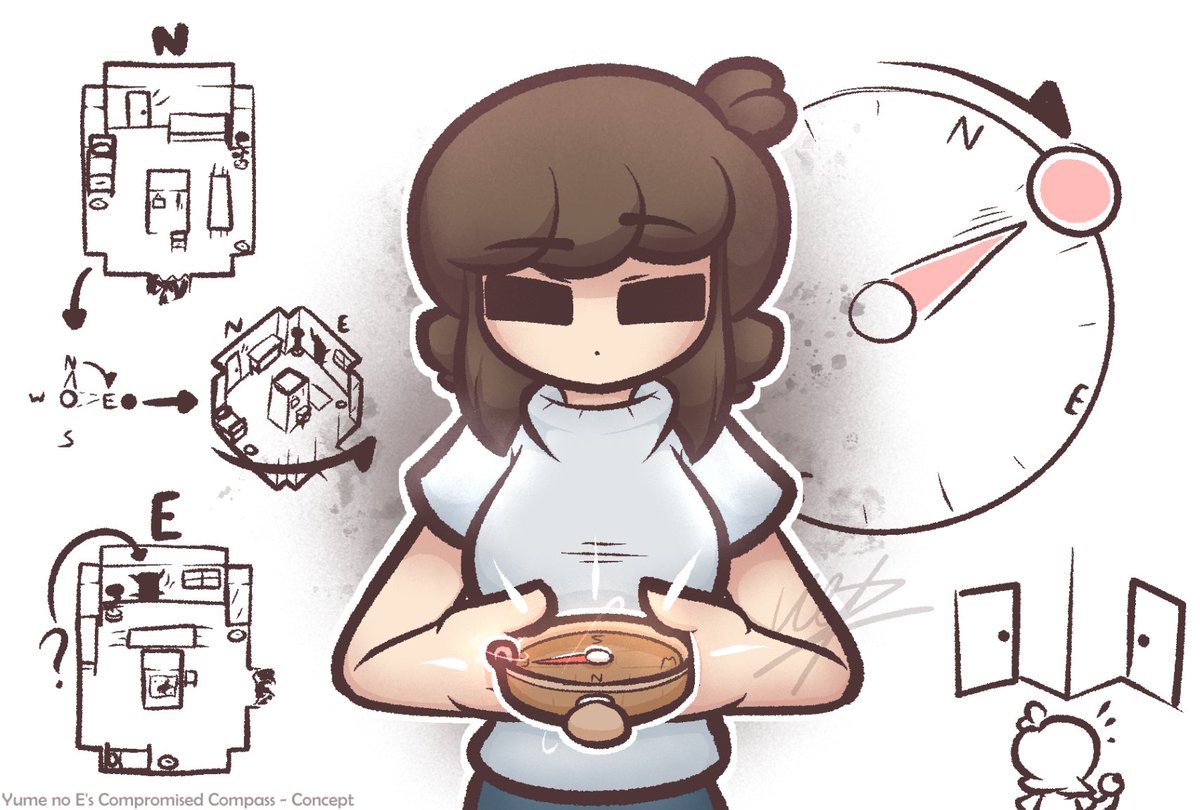 KexDraws's tweet photo. Yume no E shall contain a ground-breaking effect:
The Compromised Compass!

Change the view according to where the needle is pointed to, revealing what may be hidden in plain sight...

W.I.P. :)
#yumenikki #ynfg https://t.co/qh5HO6bY5A
