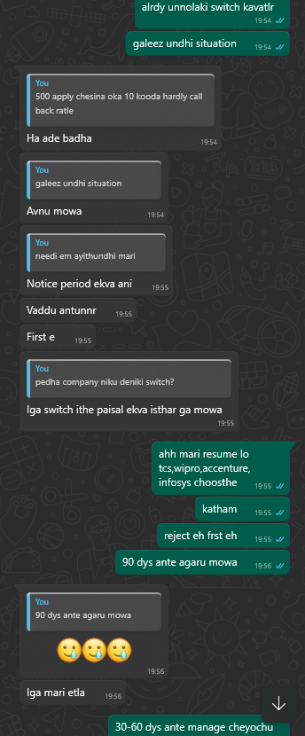 tweetwithcherry's tweet photo. @upma_dosa ah comfortzone eh nin inka deep shit lo esthadi...

security ani join ayithav switch kadaniki nana kastalu padthunar.. just had chat with my dosth regarding same.. https://t.co/e4Q1inUNas