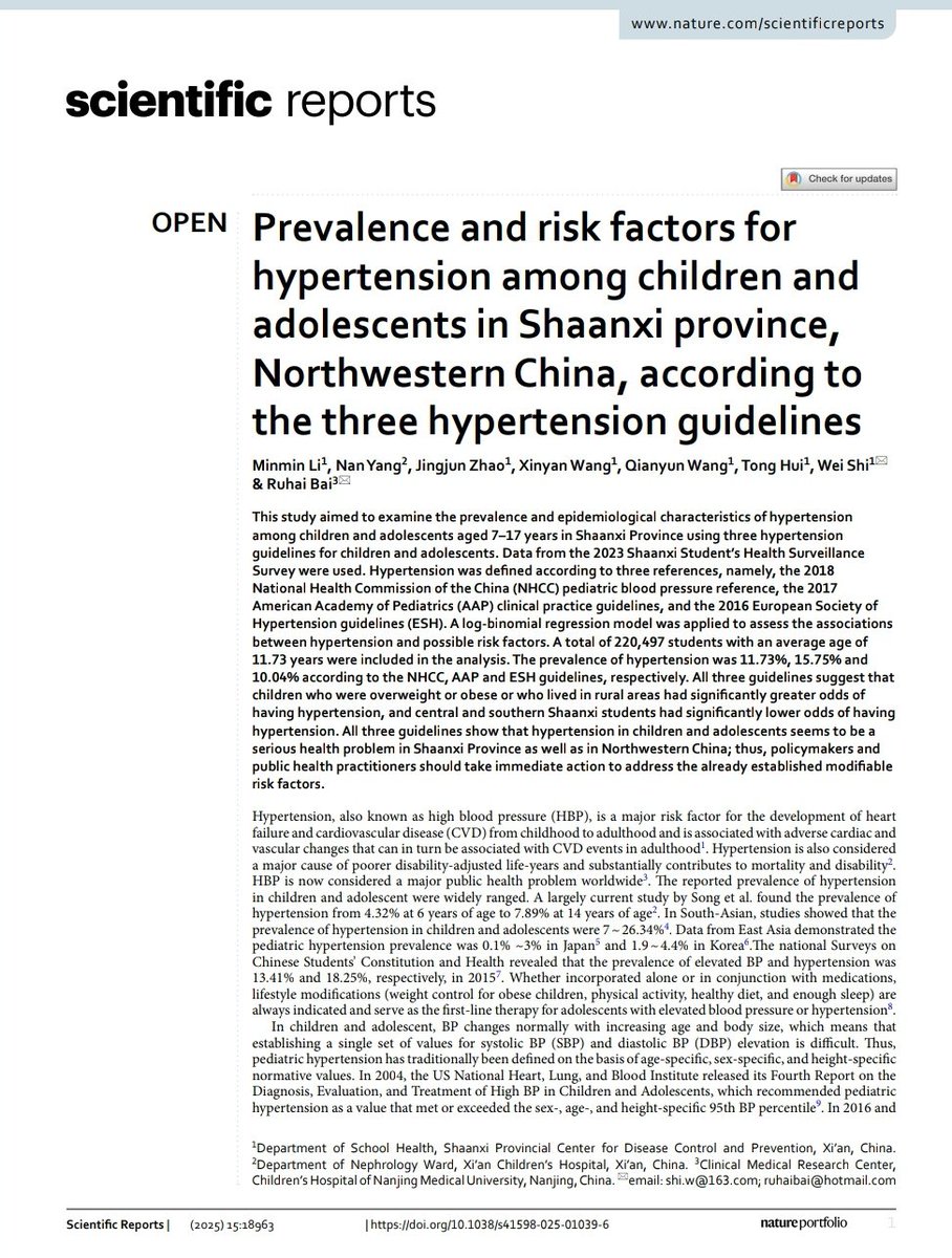 𝐉𝐨𝐬𝐞𝐩𝐡 𝐅𝐥𝐲𝐧𝐧, 𝐌𝐃 (@drjosflynn) on Twitter photo Prevalence and risk factors for hypertension among children and adolescents in Shaanxi province, Northwestern China, according to the three hypertension guidelines
<a href="/IntPedHTN/">International Pediatric Hypertension Association</a> <a href="/ISHBP/">International Society of Hypertension</a> nature.com/articles/s4159… Prevalence and risk factors for hypertension among children and adolescents in Shaanxi province, Northwestern China, according to the three hypertension guidelines
<a href="/IntPedHTN/">International Pediatric Hypertension Association</a> <a href="/ISHBP/">International Society of Hypertension</a> nature.com/articles/s4159…