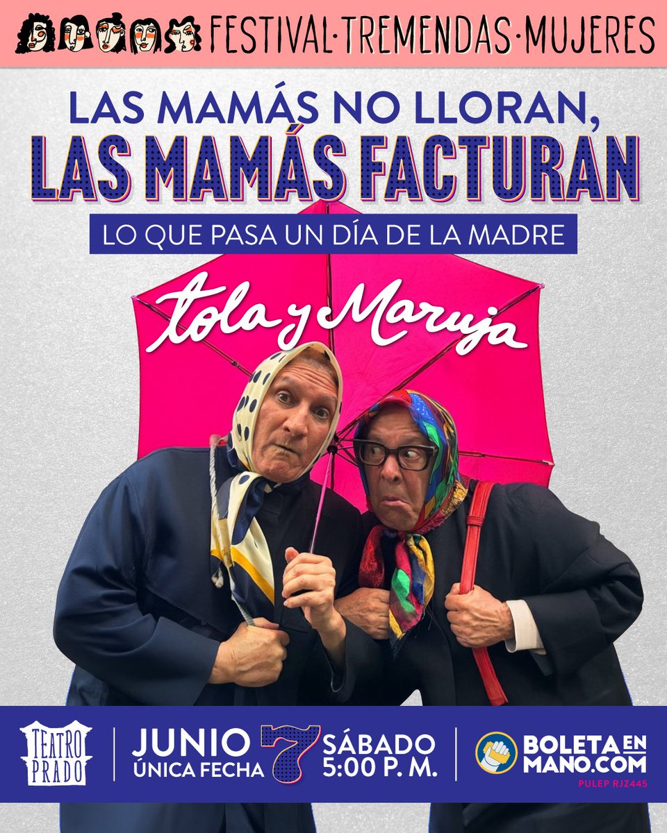 Tola y Maruja llegan al Teatro Prado con su más reciente obra Las mamás no lloran, las mamás facturan: Lo que pasa un día de la madre. Disfrute de este dúo el sábado 7 de junio a las 5:00 p. m. ¡Única función!

🎟 Compre ya sus boletas en boletaenmano.com