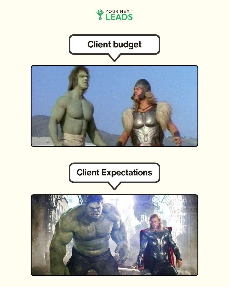 YourNextLeads's tweet photo. CLIENT: “Can you make it go viral?”

ALSO CLIENT: “Our budget is… exposure.”

Every Marketer has lived this meme at least once.

It’s not that we can’t do great work.

It’s that great work needs time, tools, and trust. https://t.co/R6JEbPKlQM