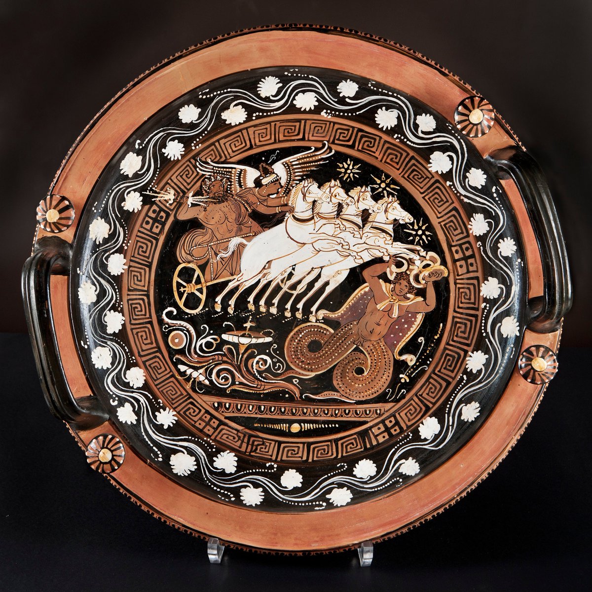 Red-figure Krater with a scene from the Gigantomachy, Zeus riding a chariot driven by Nike is about to lay down the law on an giant. Ca. 4th century BC. Museo Arqueológico Nacional, Madrid.

Ζεὺς πάντων ἐφορᾷ τέλος.
Zeus looks upon the end of all things.
Solon