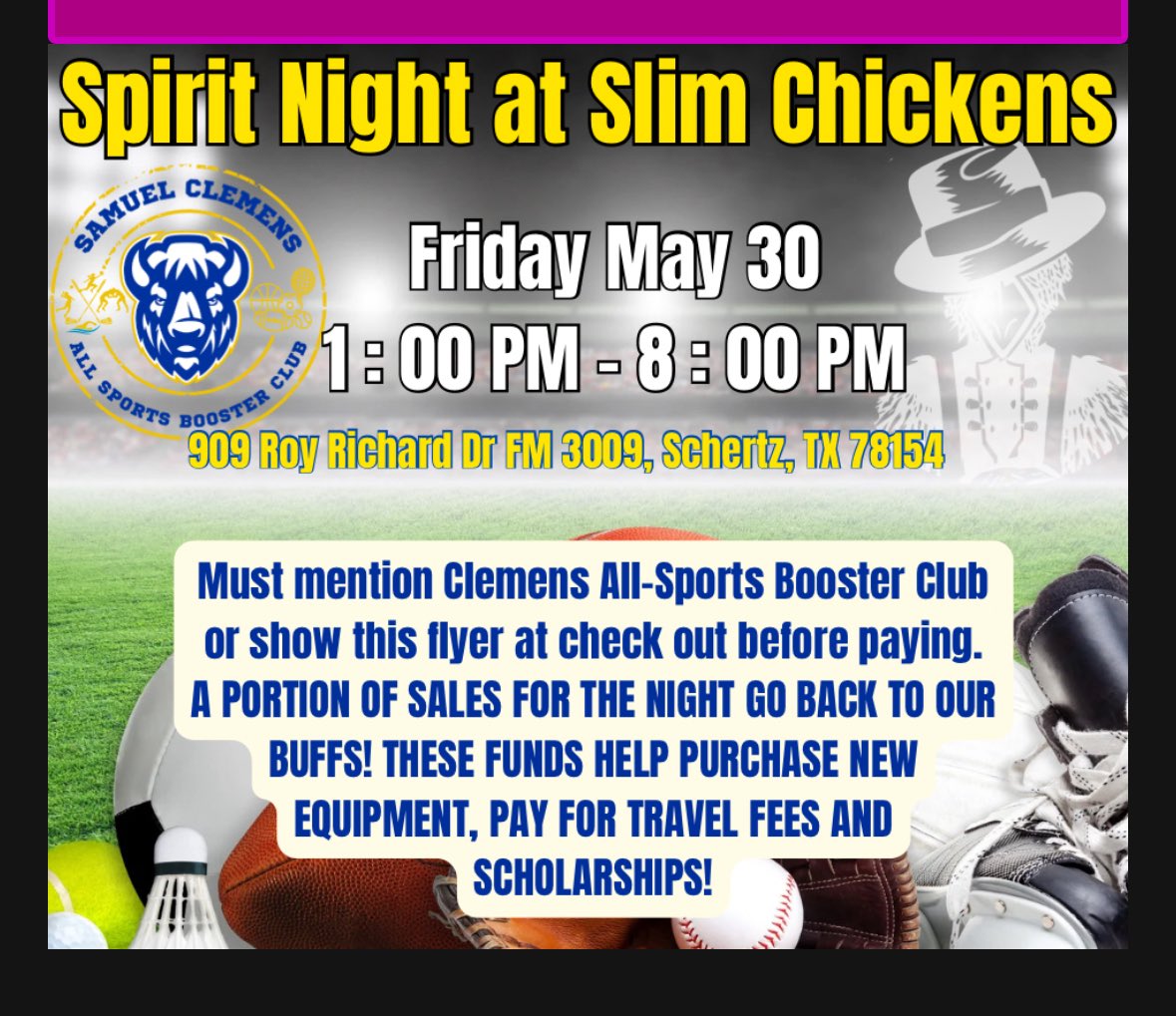 Clemens High School (@samuelclemenshs) on Twitter photo Come out and support the best All Sports Booster Club in Texas! 1:00 PM- 8:00 PM <a href="/ClemensASBC/">Samuel Clemens HS All Sports Booster Club</a> <a href="/scbuffalostrong/">Clemens Athletics</a> <a href="/Coach_Lehnhoff/">Coach Scott Lehnhoff</a> <a href="/MsASirizzotti/">Amy Sirizzotti</a> Come out and support the best All Sports Booster Club in Texas! 1:00 PM- 8:00 PM <a href="/ClemensASBC/">Samuel Clemens HS All Sports Booster Club</a> <a href="/scbuffalostrong/">Clemens Athletics</a> <a href="/Coach_Lehnhoff/">Coach Scott Lehnhoff</a> <a href="/MsASirizzotti/">Amy Sirizzotti</a>