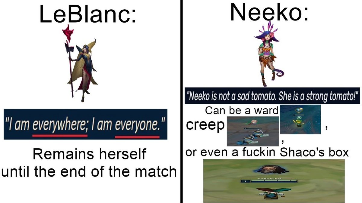 SohloknirBGA's tweet image. Neeko is best decision!
#neeko #leblanc #LeagueOfLegends