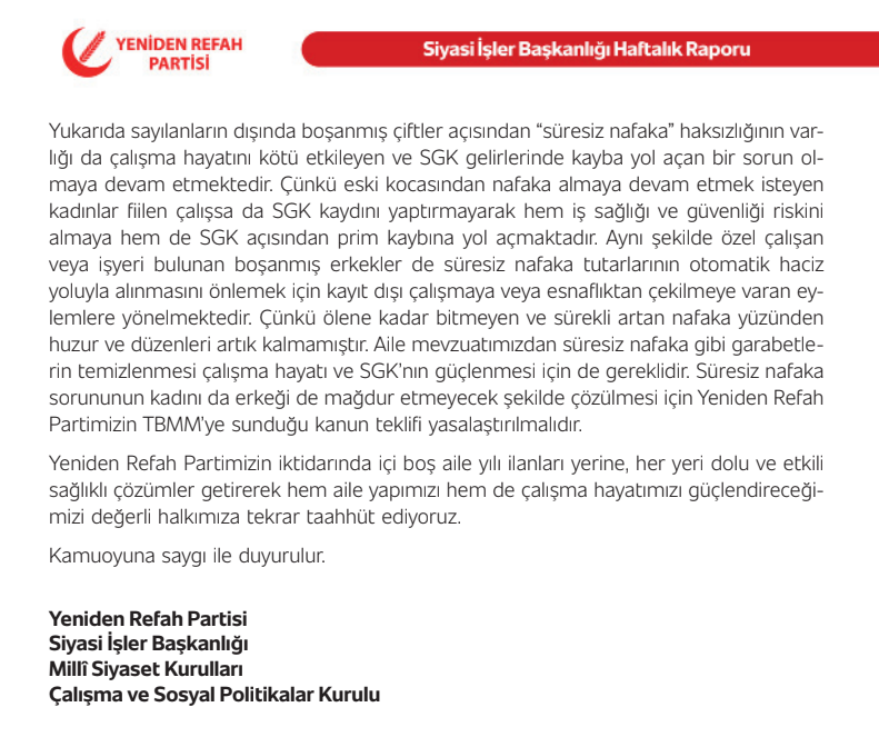 Bu haftaki <a href="/rprefahpartisi/">Yeniden Refah Partisi</a> raporunda Çalışma ve Sosyal Pol. Kurulumuzun "İLAN EDİLEN “AİLE VE NÜFUS 10 YILI” KAPSAMINDA ÇALIŞMA HAYATINI İLGİLENDİREN KONULAR" işlendi.
#DoğumBorçlanması
#Sütİzni
#AileBirliği
#EşDurumuTayini 
#Belediyeİşçileri
#ÜniversitePersoneli
