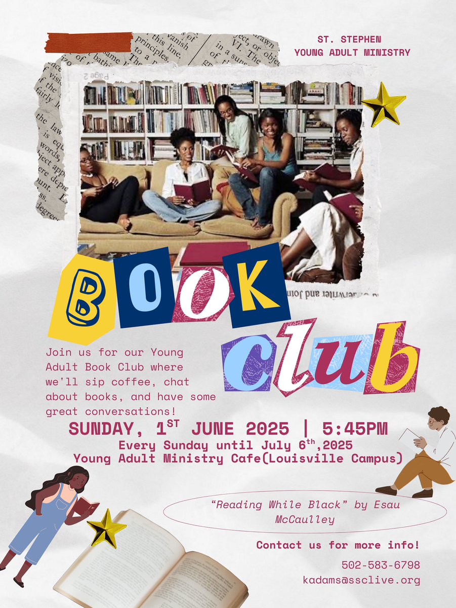 St. Stephen Baptist Church (@ssclive) on Twitter photo Join our Young Adult Book Club starting June 1! 📖
Sundays at 5:45 PM through July 6 | YAM Café
Reading: Reading While Black by Esau McCaulley
Info: kadams@ssclive.org
#SSCLive #YoungAdults #BookClubVibes <a href="/KWCosby/">Kevin W Cosby, Ph.D, D. Min.</a> Join our Young Adult Book Club starting June 1! 📖
Sundays at 5:45 PM through July 6 | YAM Café
Reading: Reading While Black by Esau McCaulley
Info: kadams@ssclive.org
#SSCLive #YoungAdults #BookClubVibes <a href="/KWCosby/">Kevin W Cosby, Ph.D, D. Min.</a>