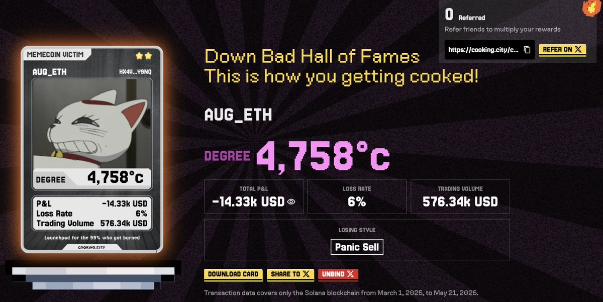 來自 <a href="/jump_/">Jump Crypto 🔥💃🏻</a> 跟 <a href="/dragonfly_xyz/">Dragonfly ＞|＜</a> 領投共7M的
最新SOL迷因鏈上發射平台 <a href="/cookingcityHQ/">Cooking.City</a> !!!
cooking.city/campaign?invit…
同時喜歡曬單的朋友有福了，因爲虧得越多給的越多空投（我真的累了不想玩了
備註：SOL交易數據僅收錄2025/3/1 - 5/21)