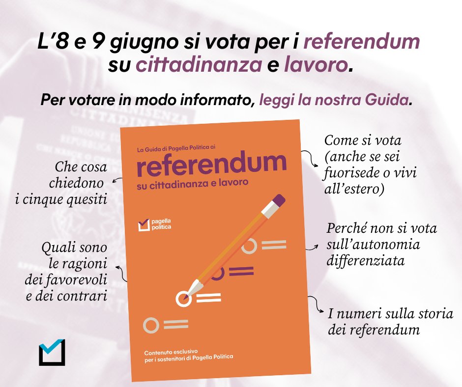Come si vota in un referendum abrogativo? Che cosa chiedono i quesiti? Quante schede elettorali ci saranno? E come possono votare i fuorisede?

Trovi tutte le risposte nella Guida di Pagella Politica
sui referendum, riservata ai nostri sostenitori: bit.ly/Pagella-Guida-….