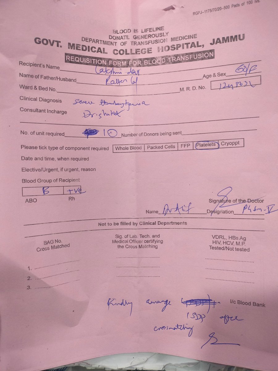 Vikramaditya Singh Sumbria (@vikramadityasum) on Twitter photo #Emergency requirement of Platelets for a cancer patient at <a href="/GMC__Jammu/">Govt.Medical College Jammu</a> #Jammu.
Bloody Group: B +ve
Lakshmi Devi w/o Rattan Lal R/o #Kishtwar.
Contact: +918899701451
Family members have already donated.
Please help. #Emergency requirement of Platelets for a cancer patient at <a href="/GMC__Jammu/">Govt.Medical College Jammu</a> #Jammu.
Bloody Group: B +ve
Lakshmi Devi w/o Rattan Lal R/o #Kishtwar.
Contact: +918899701451
Family members have already donated.
Please help.