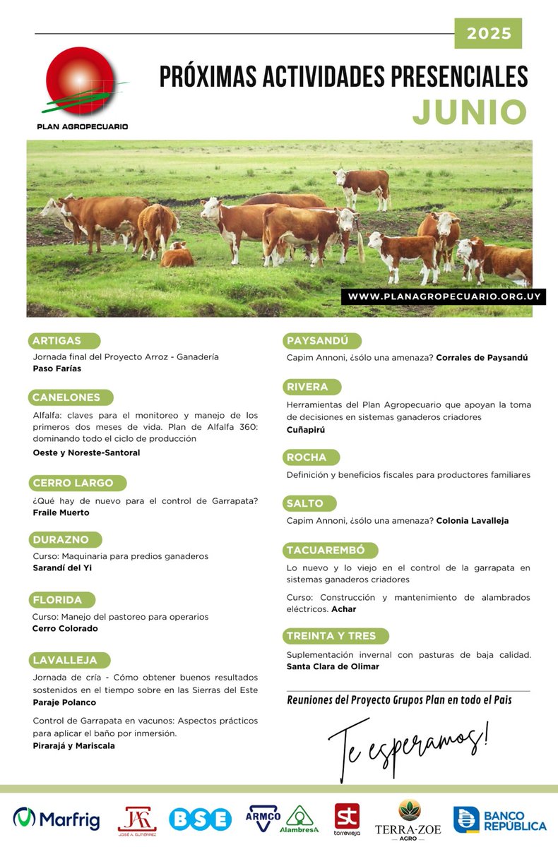 📢¡Próximas actividades! 
🗓️JUNIO
📍Artigas, Canelones, Cerro Largo, Durazno, Florida, Lavalleja, Paysandú, Rivera, Rocha, Salto, Tacuarembó,  Treinta y Tres...
➕ℹ️ 👉 planagropecuario.org.uy

¡Te esperamos! 
#Ganadería #Actualización #Capacitación #ExtensiónRural #PlanAgro