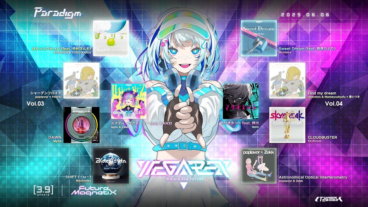 ParadigmReboot's tweet image. [v3.9 Update]

v3.9, now flying high!
SEASON 03 will be soaring together with MEGAREX Collaboration #2 and COP 2025 2nd Qualifying Round!

Purchase MEGAREX Collab Album &quot;Future MagnetiX&quot; Vol.3/Vol.4, unlock 10 Collab Tracks and brand new Special Challenge!
Of course, with 2 more…
