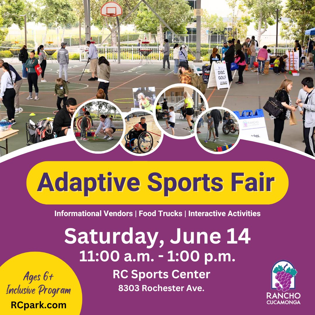 Join us on Saturday, June 14, from 11am to 1pm at the RC Sports Center for Adaptive Sports Fair! Free event for ages 6 and up. Explore adaptive sports and activities designed for individuals with cognitive or physical disabilities.

For more info, visit RCpark.com.