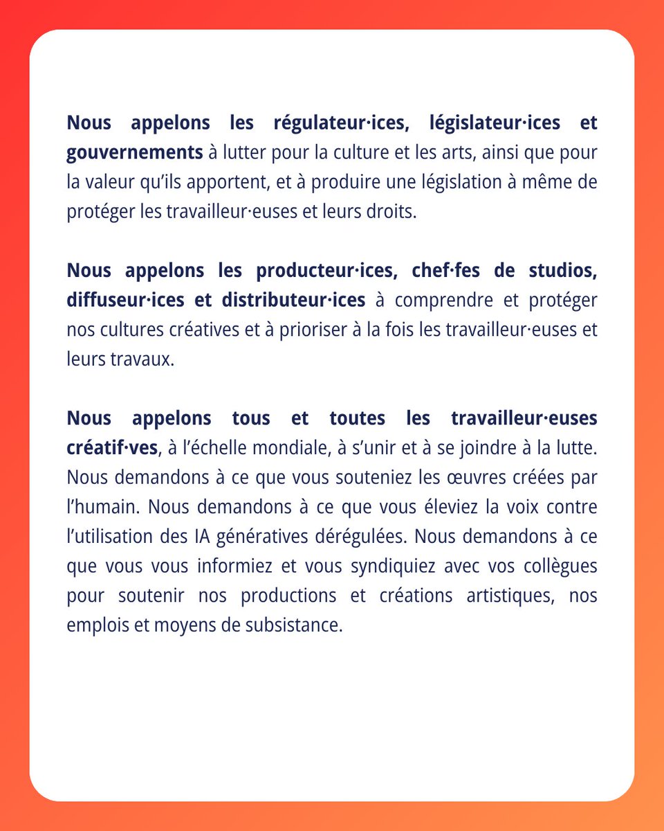 Une coalition syndicale internationale s'est organisée pour la régulation des IA Génératives dans le film d'animation !!

Rendez-vous le jeudi 12 juin à 14h sur le Pâquier à Annecy !!

1/2