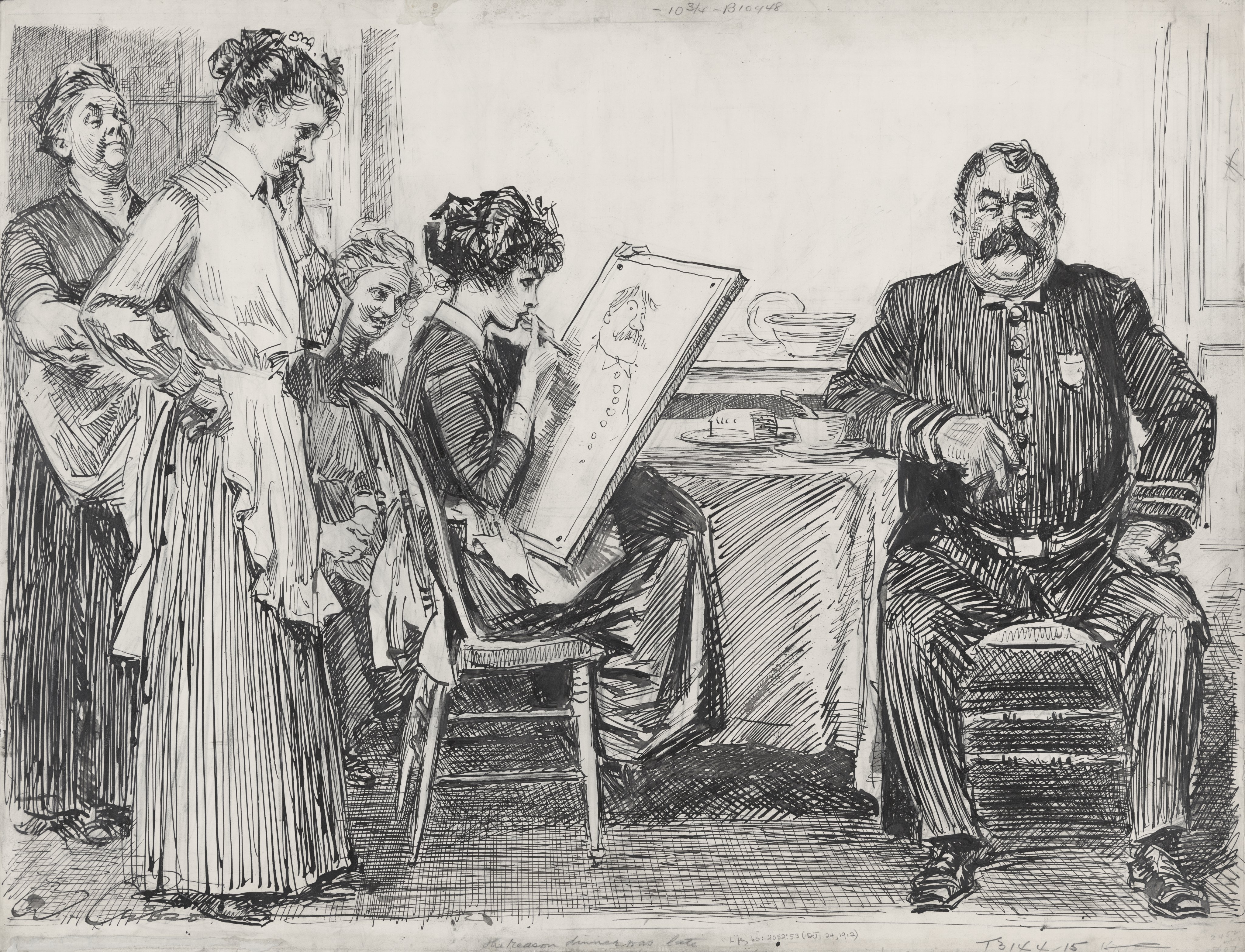 Dibujo "La razón por la que la cena se retrasó", del ilustrador estadounidense. Charles Dana Gibson  Charles Dana Gibson, creada en 1912