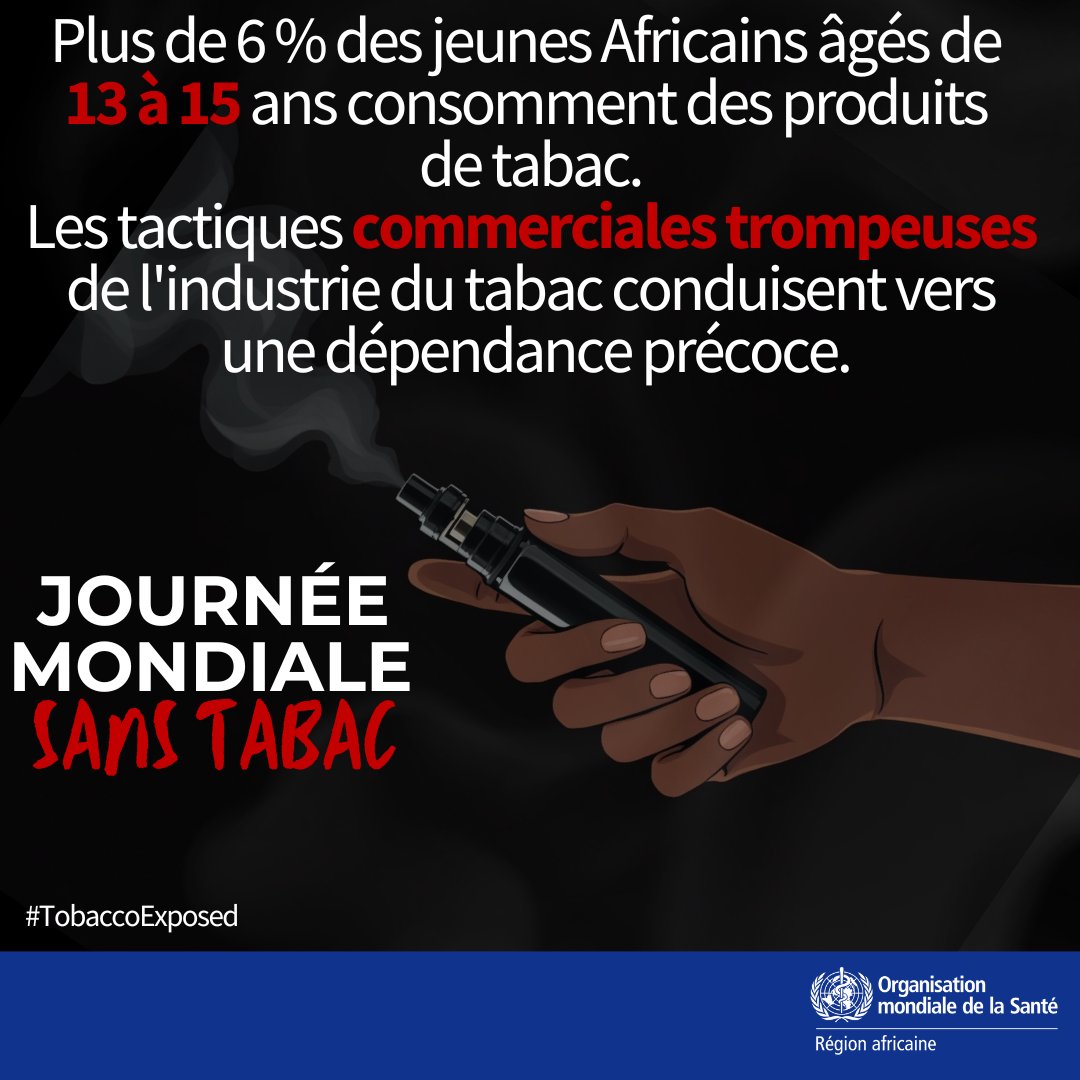 En Afrique, environ 10 % des adultes consomment des produits du tabac🚬.

🚨Plus inquiétant encore, plus de 6 % des jeunes âgés de 13 à 15 ans en consomment déjà, poussés par les produits aromatisés &amp; les tactiques commerciales trompeuses ciblant les jeunes !

🚭Des