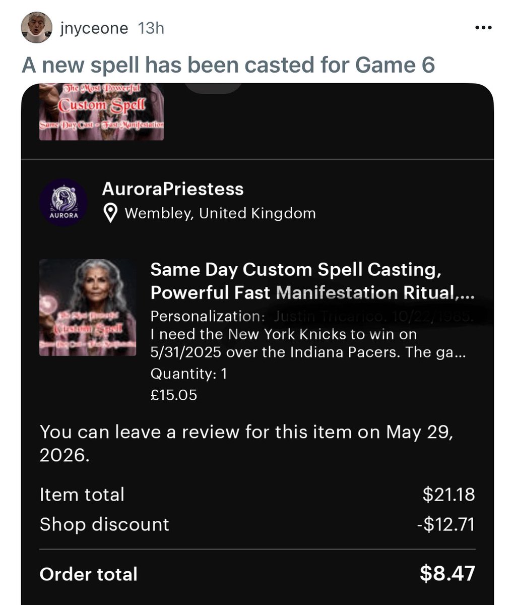 Update: 

Someone on Knicks Reddit has cast another spell for the Knicks to beat the Pacers in Game 6.