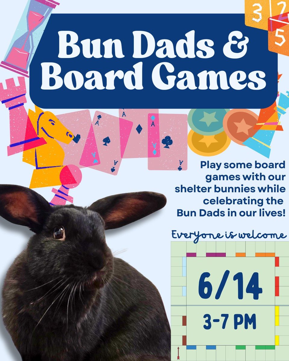 RabbitNetwork's tweet image. YOU'RE INVITED! 📨 Join us on June 14th to celebrate the bun dads in your life with an afternoon of board games, time with adoptable #bunnies, and community fun. Learn more: zeffy.com/en-US/ticketin…