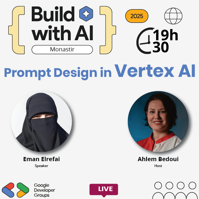 🎯 Kind Reminder 🎯
Today’s the day for another exciting session in our #BuildWithAI series!
Join us for an insightful workshop with the brilliant Eman Elrefai 🇵🇸 : Prompt Design in Vertex AI
See you all soon for another evening of AI knowledge and inspiration!
<a href="/googledevgroups/">Google Developer Groups</a>