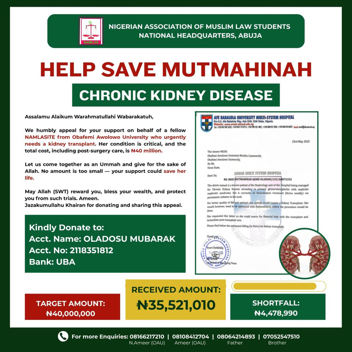 This is an update on the Mutmahinah case.

So far, we've been able to raise an amount of *#35,521,010* while we're still falling short of a whooping amount of *-#4,478,990* 🔥

*Date Updated: Friday, May 30th, 2025.* 
*Time Updated: 5pm*