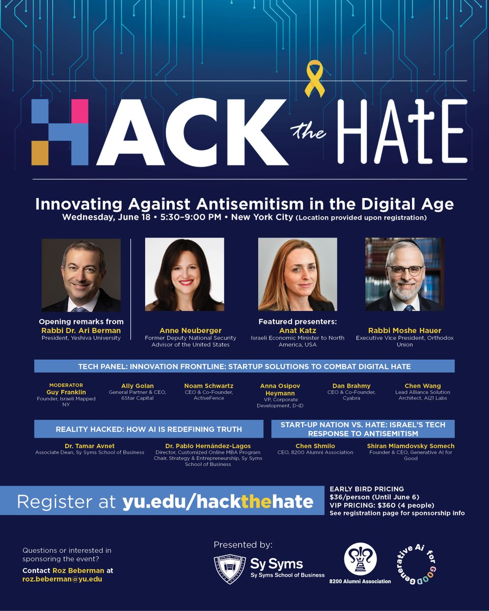 Join us on 6/18 at 5:30 pm in NYC (address available upon registration)! Featuring panel discussions focused on social media manipulation, bias in AI models, deepfake-driven misinformation, &amp; extremism in online environments!

🔗 Register at yu.edu/hackthehate