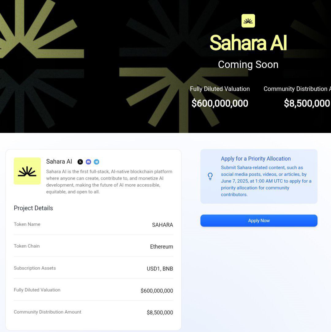 🚨 $8.5M Sahara AI Community Airdrop is LIVE!

⚡Powered by Buidlpad:
🪂 Total Airdrop: $8,500,000
🎯 Your Chance at $SAHARA ~ 1.4167% of supply
💰 FDV: $600M

✅ How to Join:
1️⃣Complete KYC on Buidlpad
2️⃣Connect X/Twitter &amp; Follow Buidlpad
3️⃣Join Discord community

⚠️ No