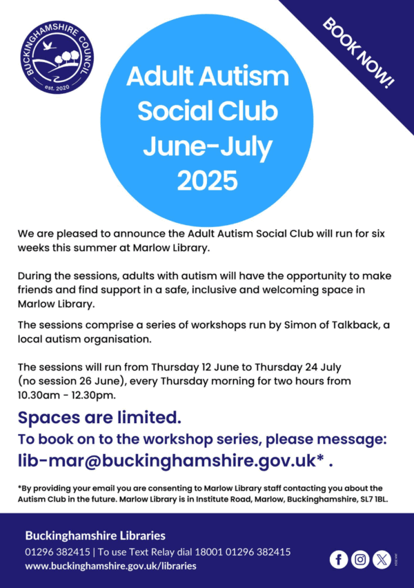 Have you heard about the Adult Autism Social Club at Marlow Library?

The FREE workshop series runs for six weeks on Thursdays from 12th June, from 10.30 am – 12.30 pm.

Book your space by emailing lib-mar@buckinghamshire.gov.uk

#AutismBucks #AdultAutismSocialClub #MarlowLibrary