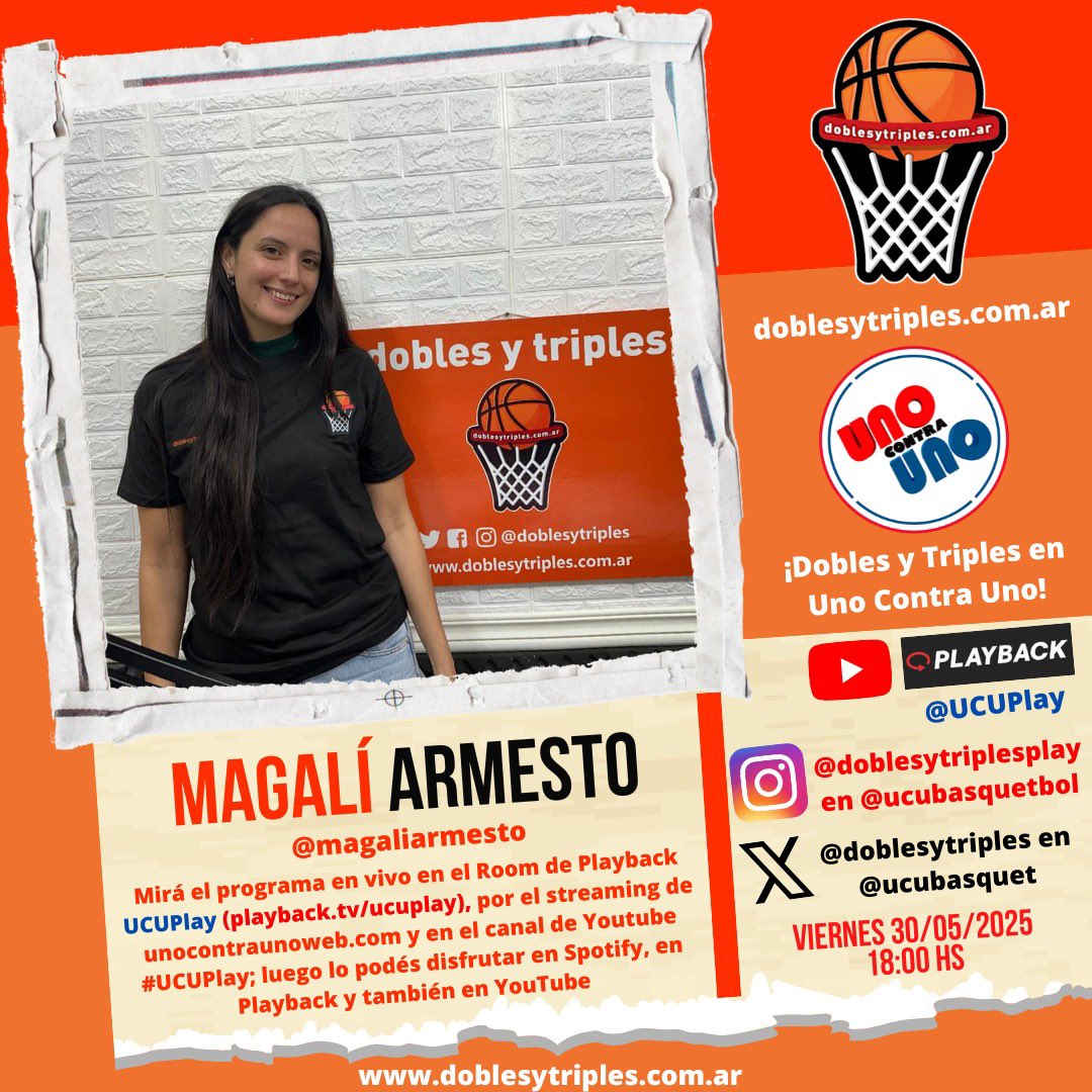 ¡<a href="/doblesytriples/">Dobles y Triples</a> en <a href="/ucubasquet/">Uno Contra Uno 🏀 #UCUPlay</a>! 
Este viernes 30/05/2025 recibimos la visita de Magalí Armesto (<a href="/MagaliArmesto/">Magalí Armesto</a>). 
📲: playback.tv/ucuplay
🖥️: #UCUPlay en YouTube 
💻: unocontraunoweb.com
🎤: #doblesytriples en Spotify 
🎙️: <a href="/adaniyasebas/">Sebastián Adaniya</a> 
📱: <a href="/macarenalou16/">Macarena Aguirre</a>