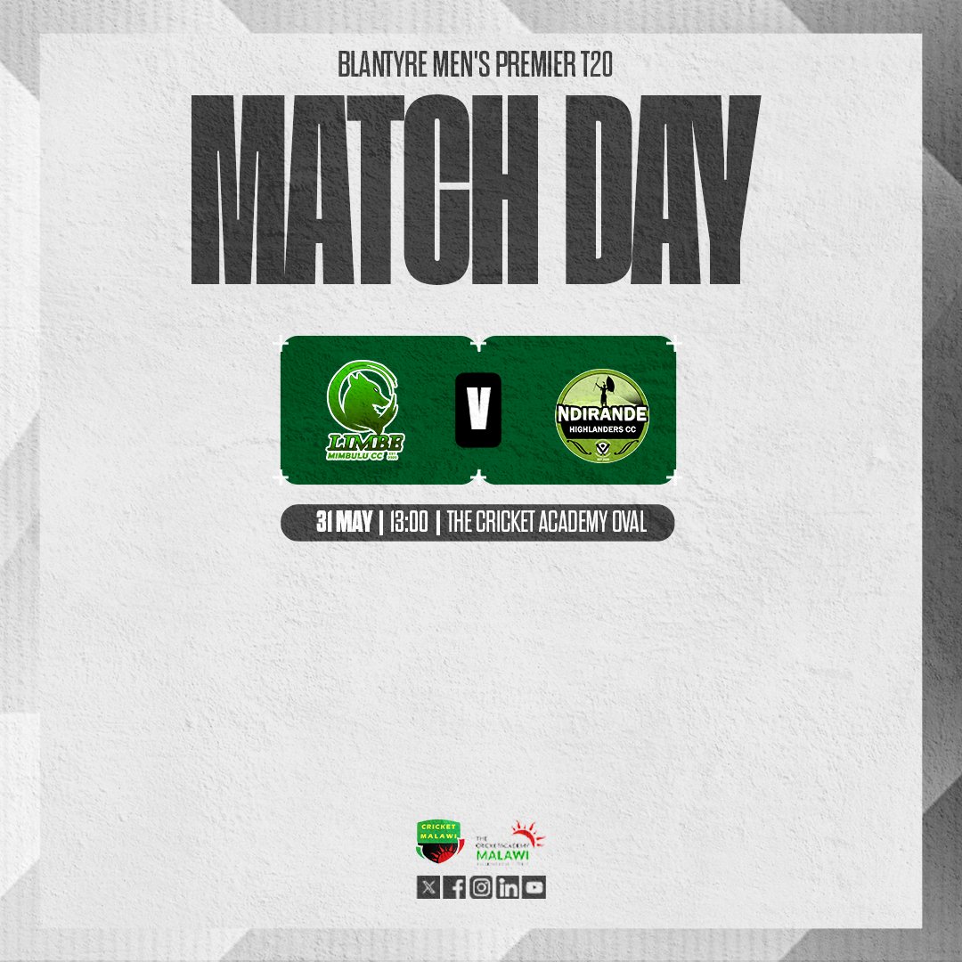 cricketmalawi's tweet image. Post 2: Men’s Premier T20

🔥 BLANTYRE MEN'S PREMIER T20 – TOMORROW @ TCA Oval!
9AM: Blantyre Blues 🆚 Thyolo Tuskers
1PM: Ndirande Highlanders 🆚 Limbe Mimbulu
💪 Big hits. Fierce rivalries. Unmissable cricket!
#CricketMalawi #MensT20 #BlantyrePremierT20 #GameDay #LocalLegends