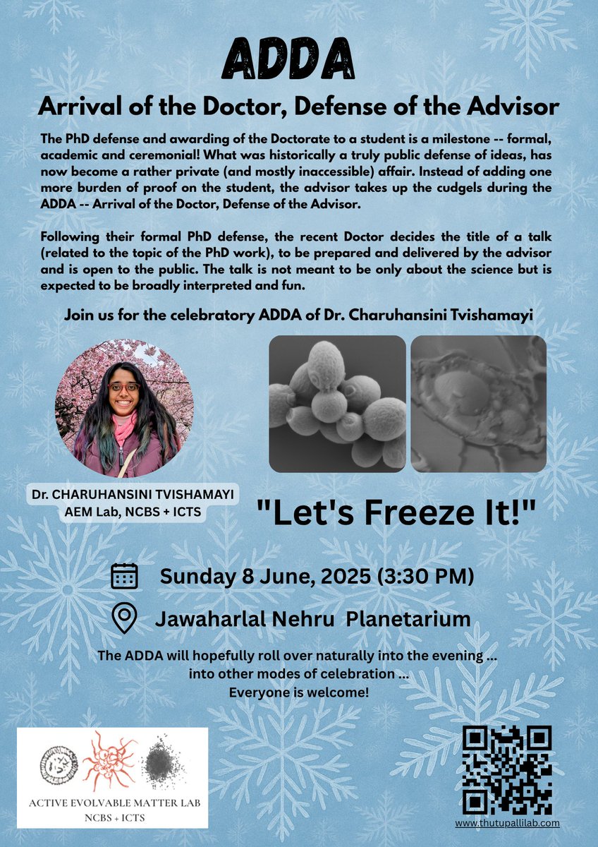 Shashi Thutupalli (@stpalli) on Twitter photo We’re celebrating the newest graduate from my lab — Dr. Charuhansini Tvishamayi <a href="/charuhansini/">Charuhansini Tvishamayi</a>!
Those of you in Bangalore, free next Sunday and interested, please come, it will be a pleasure!
Poster courtesy: members of the lab. We’re celebrating the newest graduate from my lab — Dr. Charuhansini Tvishamayi <a href="/charuhansini/">Charuhansini Tvishamayi</a>!
Those of you in Bangalore, free next Sunday and interested, please come, it will be a pleasure!
Poster courtesy: members of the lab.