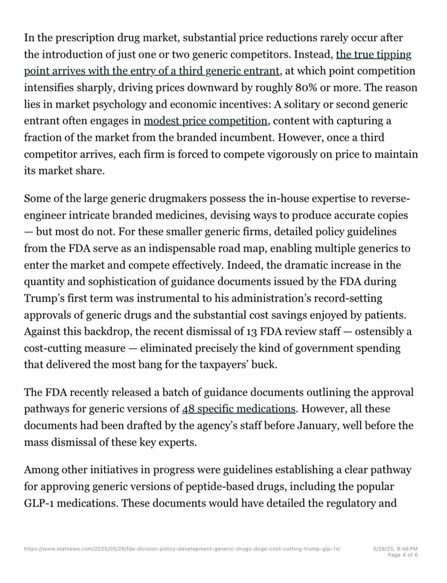 ScottGottliebMD's tweet image. My Op Ed: President Trump often touted that his first administration approved more generic drugs than any in history. He had good reason to highlight the success. Recently, the FDA team enabling these approvals was disbanded, and it may undo that historic progress. @AEI @statnews