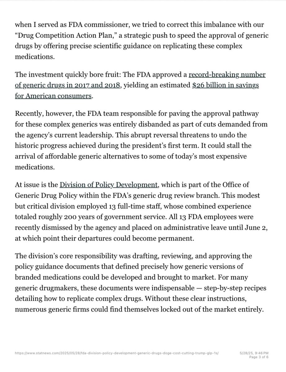 ScottGottliebMD's tweet image. My Op Ed: President Trump often touted that his first administration approved more generic drugs than any in history. He had good reason to highlight the success. Recently, the FDA team enabling these approvals was disbanded, and it may undo that historic progress. @AEI @statnews