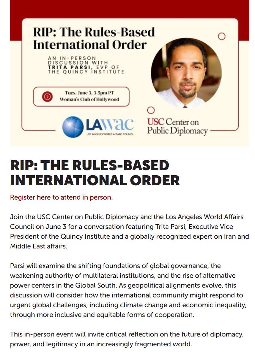 It’s deeply disappointing that USC’s Center on Public Diplomacy and the LA World Affairs Council are giving a platform to Trita Parsi—someone who has long been criticized for whitewashing the crimes of the Islamic Republic of Iran (IRI) while positioning himself as a neutral