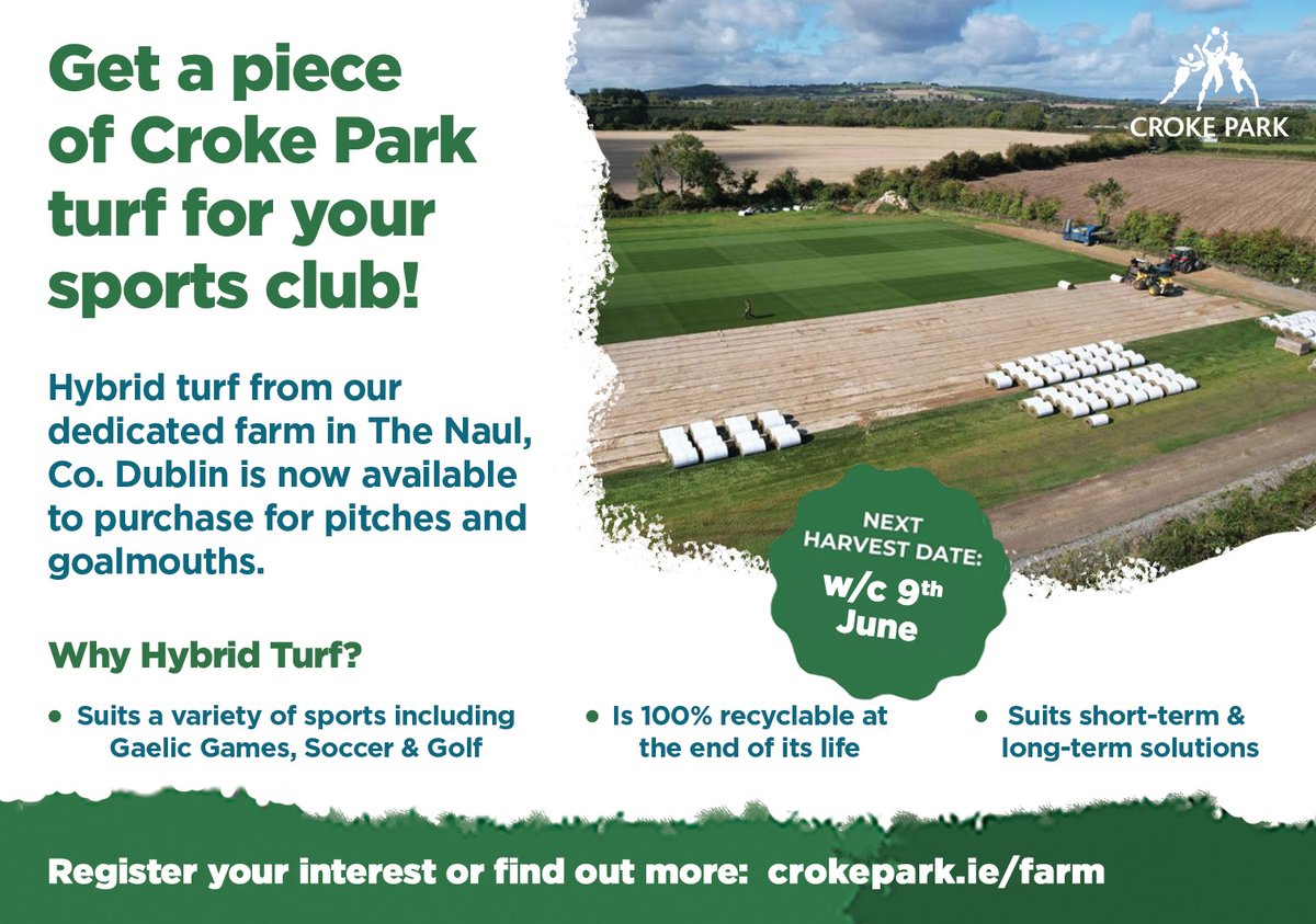 🌱 Want a piece of Croke Park for your club?

Our hybrid turf is now on sale for pitches &amp; goalmouths! ⚽️🏐⛳
Next harvest: w/c 9th June 📅

💯 Recyclable | Multi-sport | Short &amp; long-term use
👉 crokepark.ie/farm